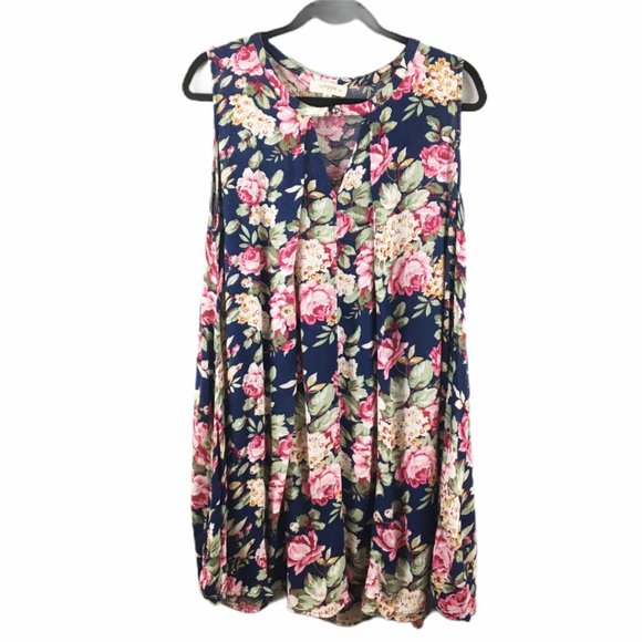 Umgee Tops - ***Umgee Blue Blouse Pink Floral Sleeveless 2XL